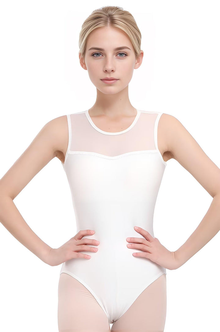 Nackennetz Rückenfrei Gymnastik Trikots Ballett Tanz Trikots für Damen,mit BH Pad Weiss Mesh 160/84A
