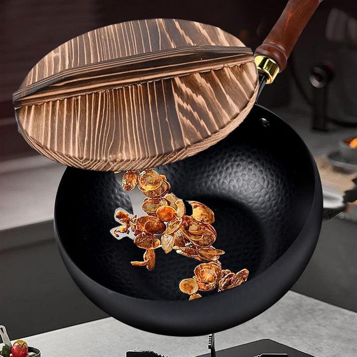 Wokpfanne - Gusseisen Bratwok - Ergonomische Unbeschichtete Eisenpfanne Mit Deckel Für Haushalt Outd