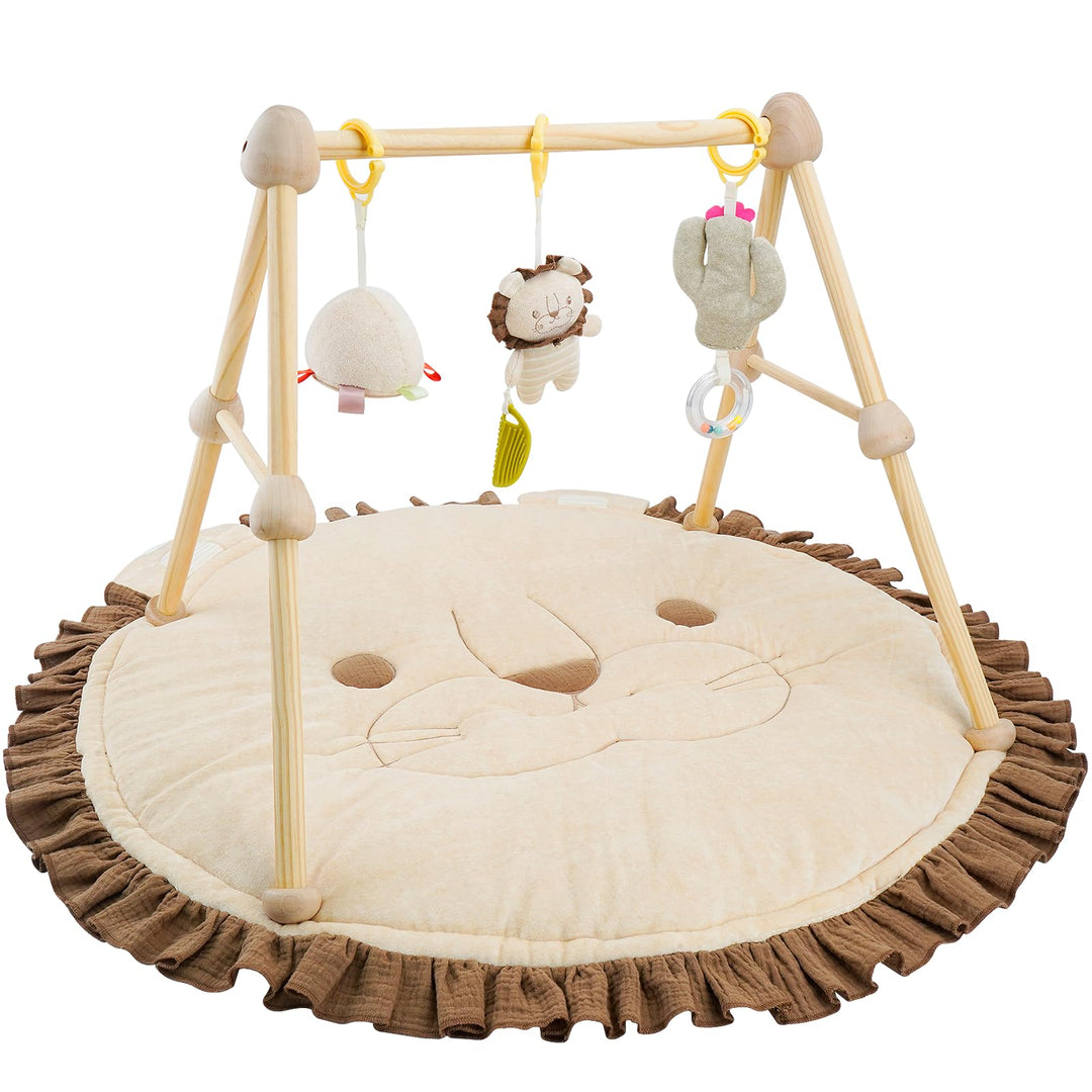 COTTONBEBE 4 IN 1 Spielbogen Baby, Spielmatte Babies mit Natur Holz Activity Spielbogen, 3 abnehmbar