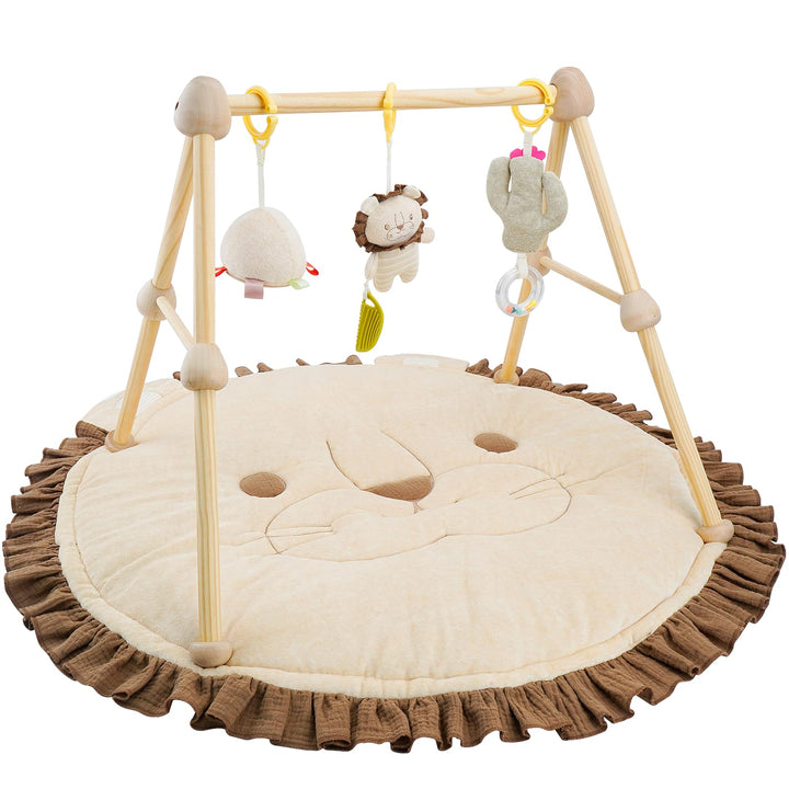COTTONBEBE 4 IN 1 Spielbogen Baby, Spielmatte Babies mit Natur Holz Activity Spielbogen, 3 abnehmbar