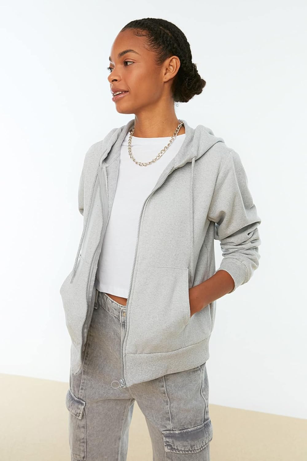 TRENDYOL Damen Kapuzen-Basic Gestricktes Schlankes Hooded Sweatshirt M Grau, M Grau