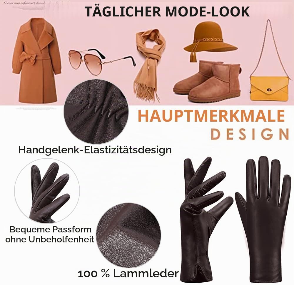 MGGMOKAY Damen Lederhandschuhe Kaschmir gefüttert M Braun(thouchscreen), M Braun(thouchscreen)