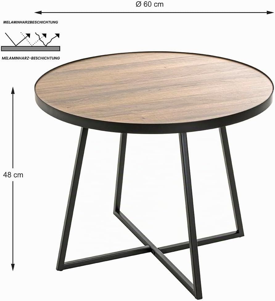 HAKU Beistelltisch rund Eiche schwarz MDF Metall runder Couchtisch - Masse: H 48 x Ø 60 cm Style: Mo