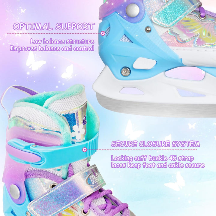 Nattork Mädchen-Eislaufschuhe für Kinder, 4-Fach verstellbar, Butterfly-Eislaufschuhe mit Fleecefutt