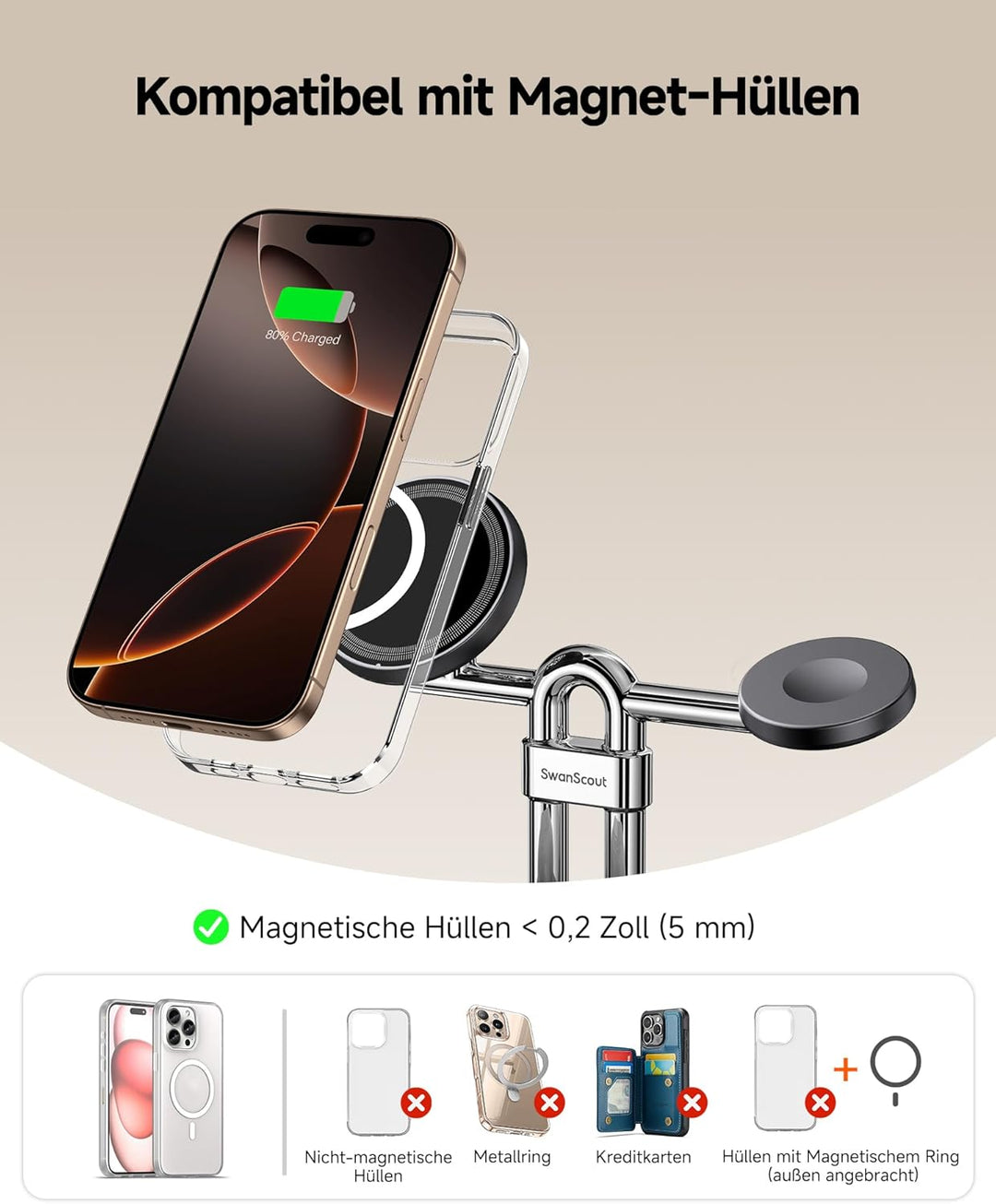SwanScout Magnetische Ladegerät, 3 in 1 Induktive Ladestation für iPhone 17/Air/16/15/14/13/12, Wire