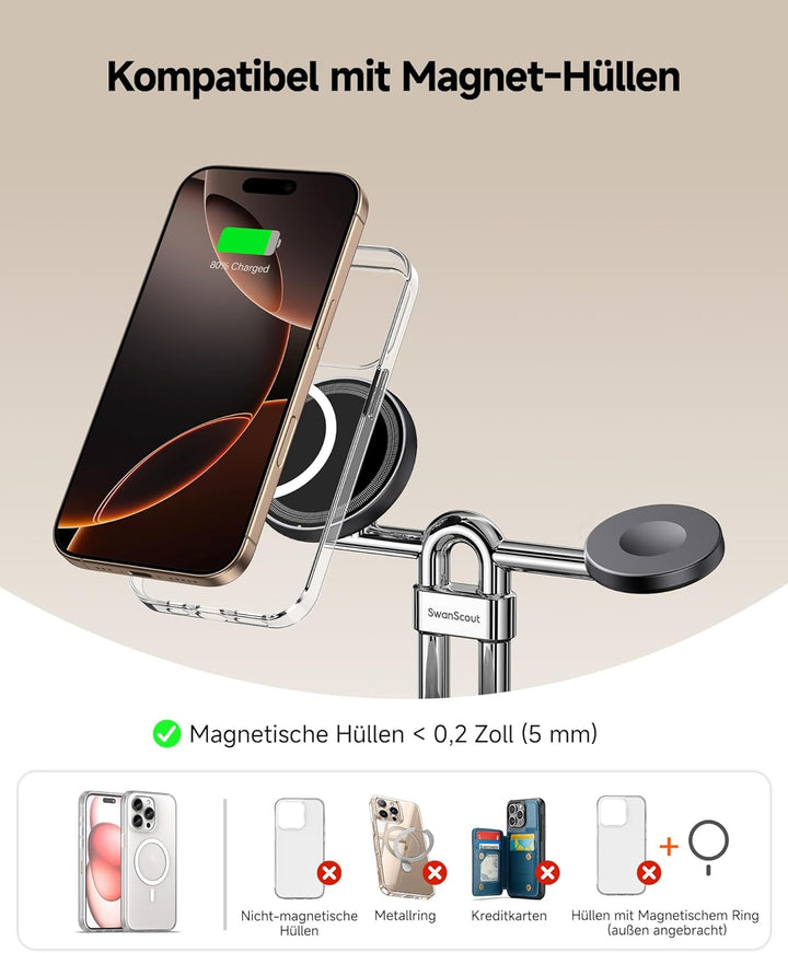 SwanScout Magnetische Ladegerät, 3 in 1 Induktive Ladestation für iPhone 17/Air/16/15/14/13/12, Wire