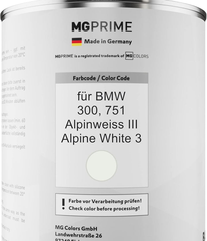 MG PRIME Autolack Dose Set für BMW 300/751 Alpinweiss III/Alpine White 3 Basislack 2K Klarlack Härte
