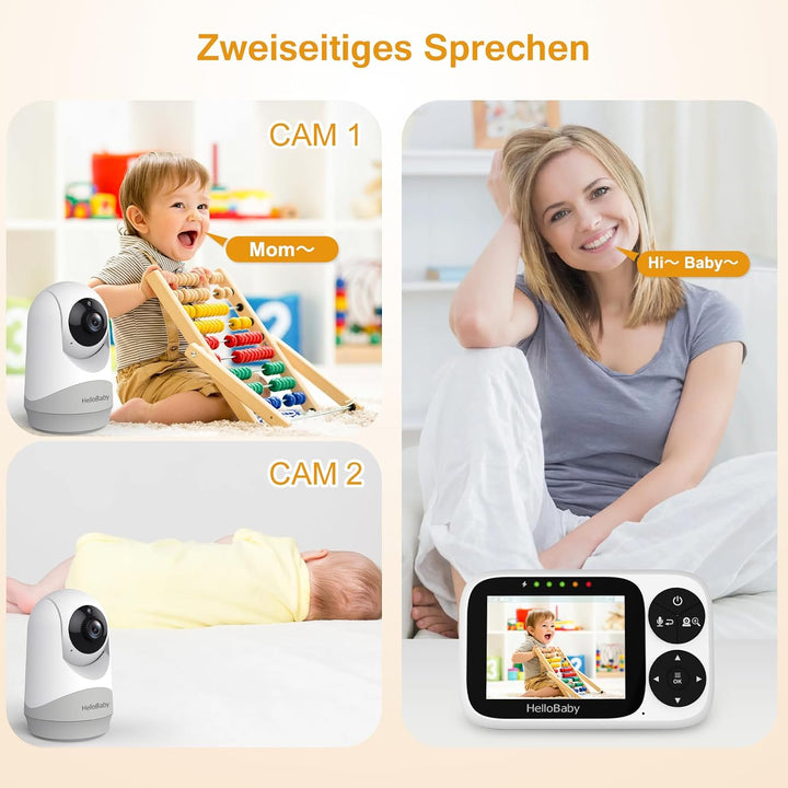 HelloBaby Babyphone mit 2 Kameras, kein WLAN, 3,2-Zoll IPS-Bildschirm | Nachtsicht, VOX-Modus, Schwe