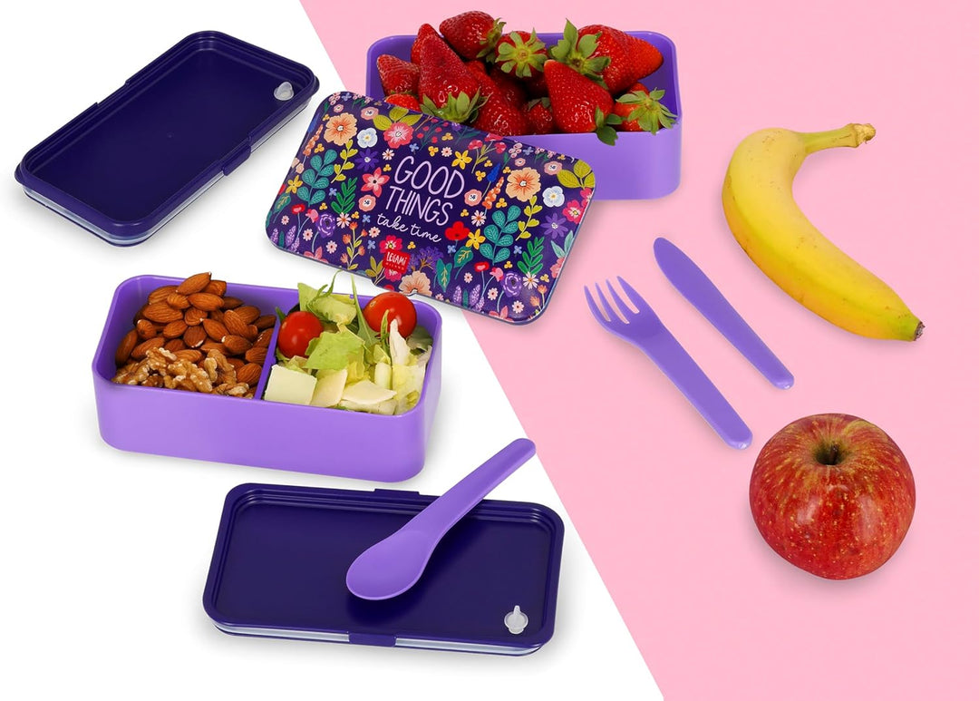 Legami - Lunchbox mit 3 Bestecken und Besteckhalter, Thema Blumen, Fassungsvermögen 1200 ml, mikrowe