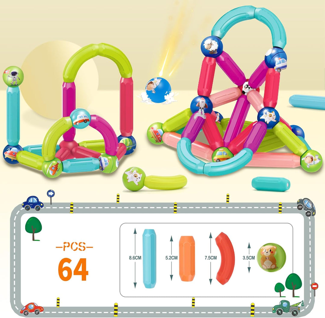 SVYHUOK Magnetische Bausteine Kinder 64 Stück Magnetbausteine Spielzeug, Montessori Lernspielzeug, K