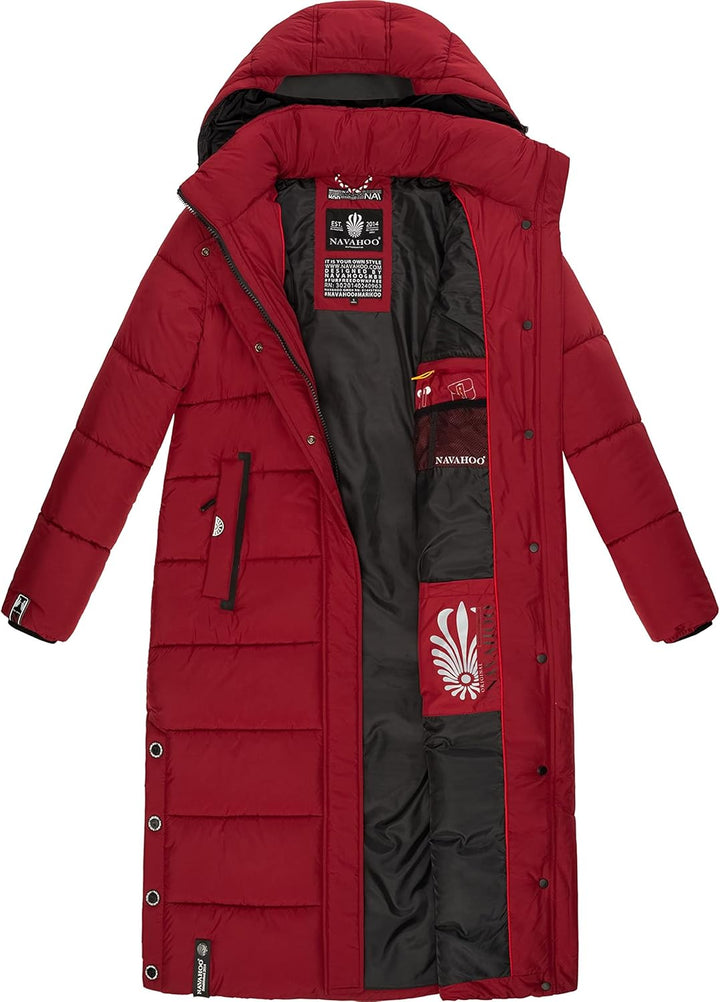 Navahoo Damen Wintermantel Warmer Steppmantel lang mit Abnehmbarer Kapuze Isalie XS-XXL M Dark Red,