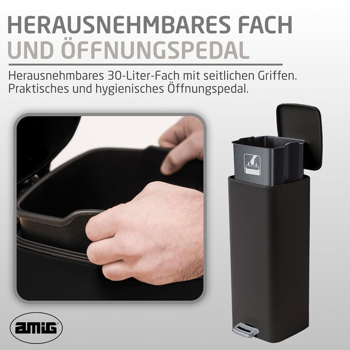 Amig - Mülleimer mit Pedal 30 Liter Mod. Artvin - Farbe Schwarz - Hygienische, freihändige Öffnung -