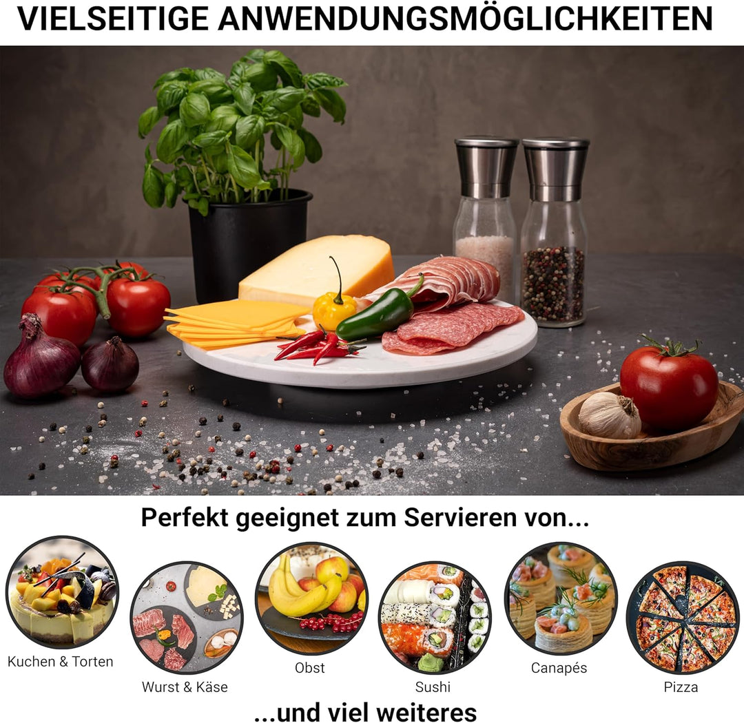 Fino Casa drehbare Marmorplatte rund Tortenplatte Kuchenplatte Wurstplatte Käseplatte Marmor Platte