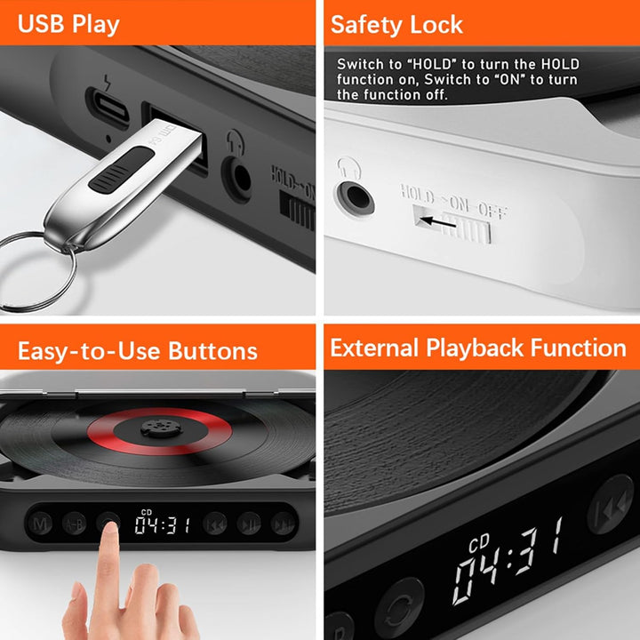 Kavolet Tragbarer CD-Player Walkman BT-Musik-Player, CD-Spieler mit staubdichter Abdeckung, Inklusiv