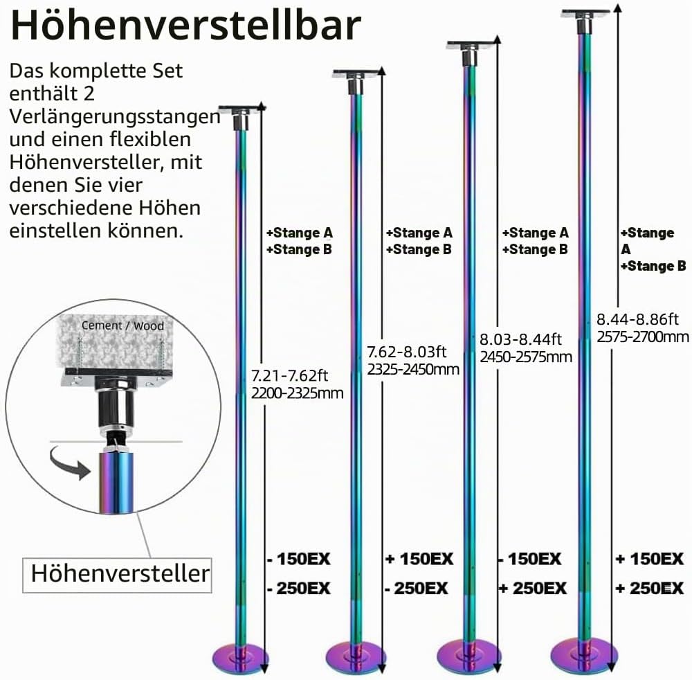 Fest-Tanzstange, CE-zert., 45 mm, höhenverst. 2,20–2,70 m | Fest Installiert, Tragfähigkeit 200KG, V