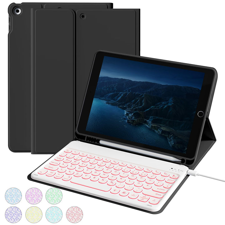 aoub Hülle mit Tastatur für iPad 9./ 8. / 7. Generation, Beleuchtete Tastatur mit Hülle für iPad 10,