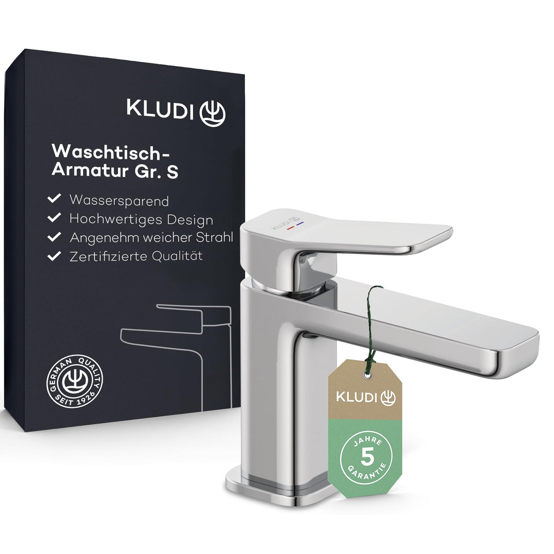 KLUDI-X3 Waschtischarmatur, Auslaufhöhe 85 mm, wassersparender Wasserhahn Bad Grösse S, Keramikkartu