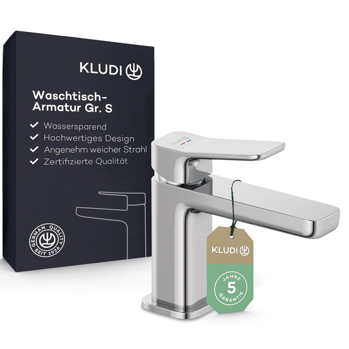 KLUDI-X3 Waschtischarmatur, Auslaufhöhe 85 mm, wassersparender Wasserhahn Bad Grösse S, Keramikkartu