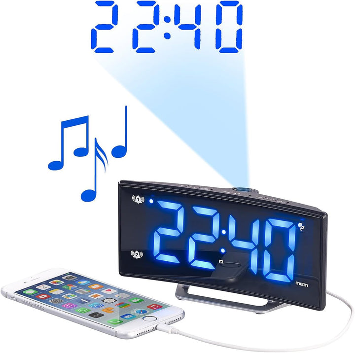 auvisio Projektionswecker mit gebogenem Display, Doppelalarm & USB-Ladeanschluss (Wecker mit Projekt