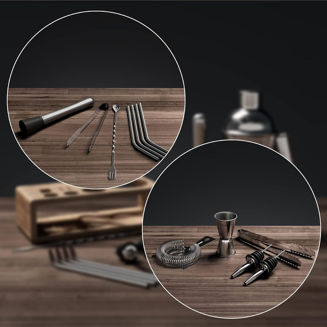 Cocktail Shaker Set mit Ständer & Rezeptbuch: Premium Edelstahl Bar Cocktailset Cocktailshaker Messb