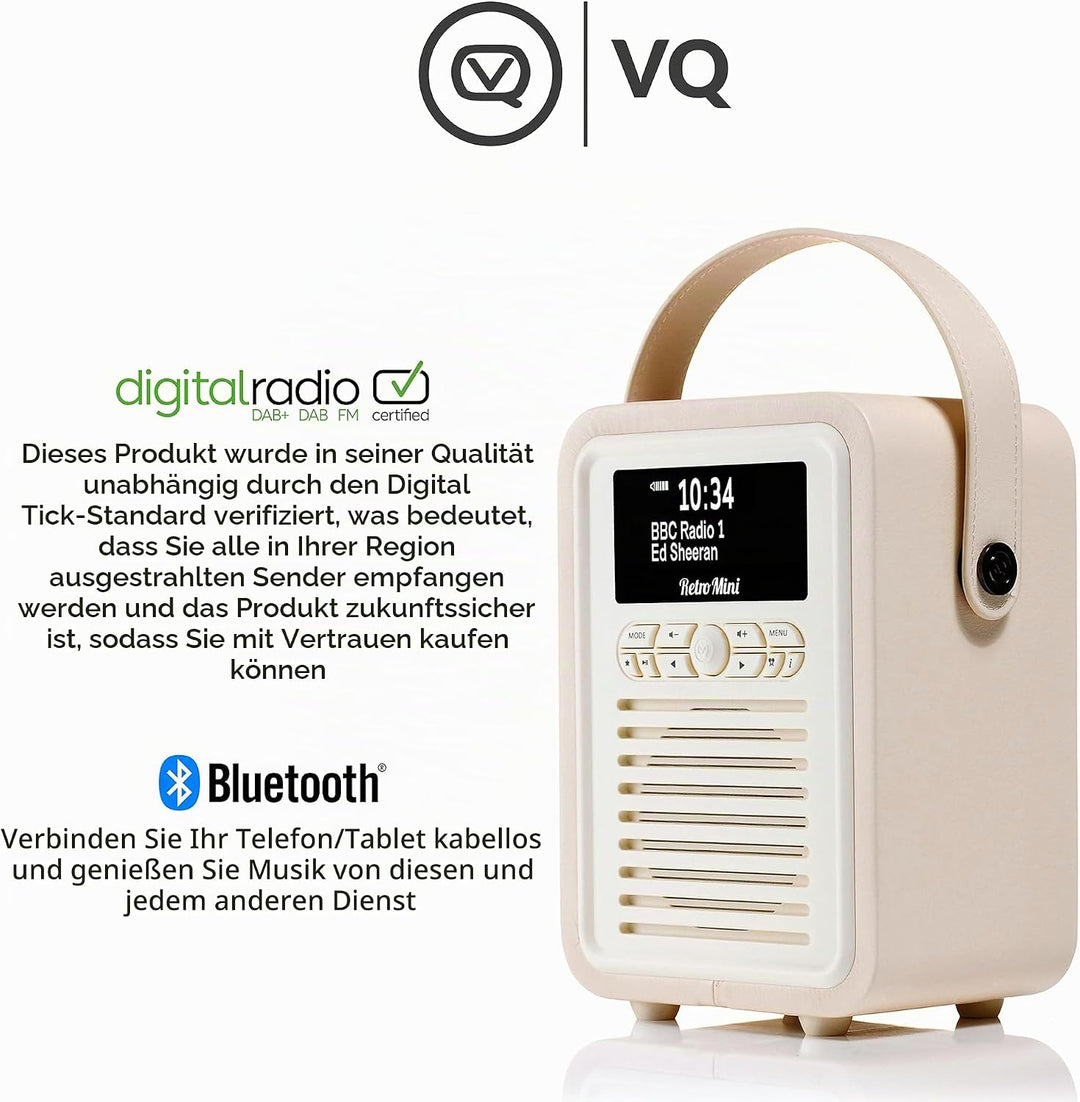 VQ Retro Mini Tragbares Radio mit Bluetooth-Lautsprecher und 60 Voreinstellungen. Enthält ein DAB-Ra