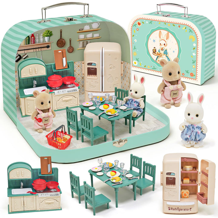 Koffer Dollhouse Tragbares Puppenhaus Möbel Zubehör DIY Miniatur Haus mit 2 Flexible Puppen, Klavier
