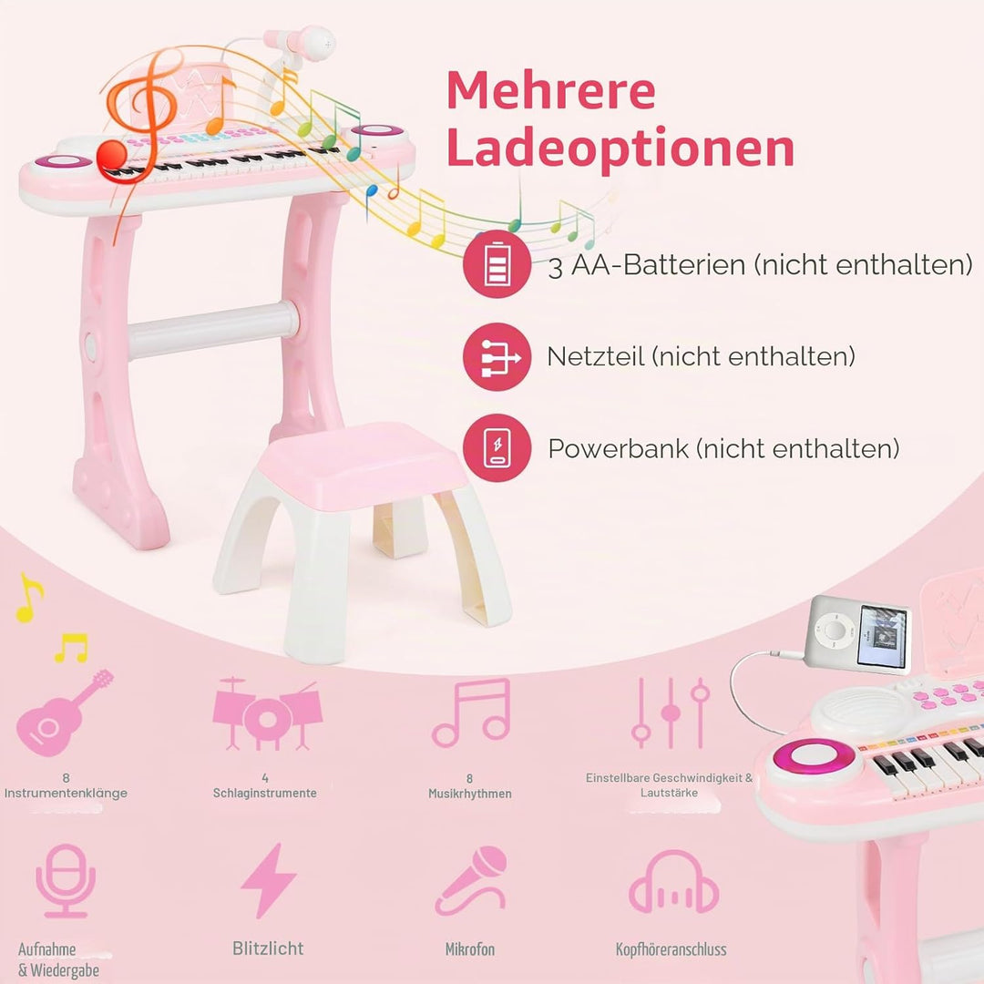KOMFOTTEU 37 Tasten Kinderklavier Set, Elektronisches Klavier mit Lichteffekten und verstellbarem Mi