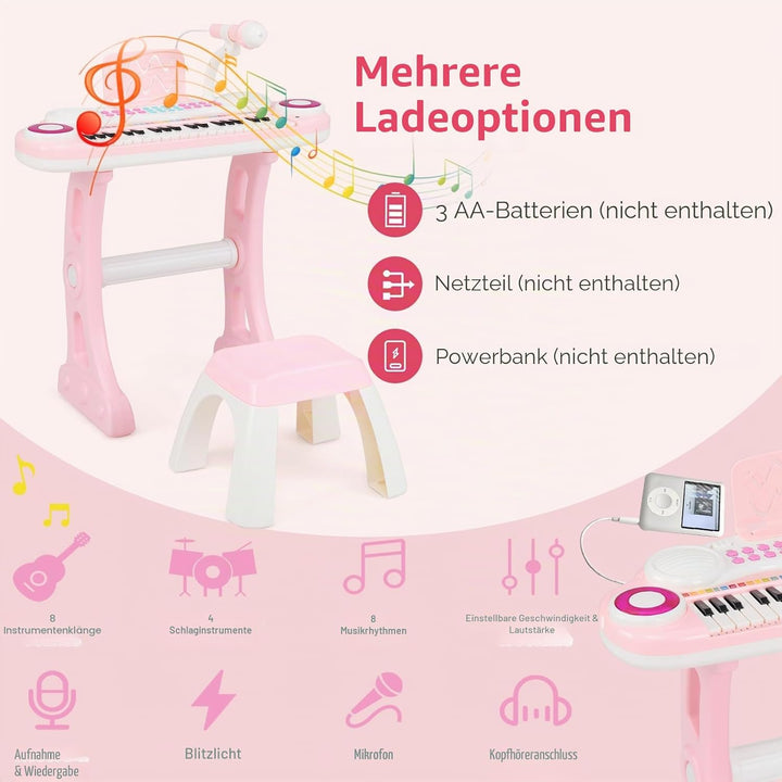 KOMFOTTEU 37 Tasten Kinderklavier Set, Elektronisches Klavier mit Lichteffekten und verstellbarem Mi