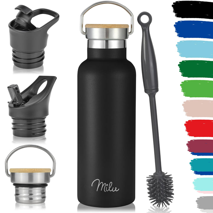 Milu Edelstahl Trinkflasche 500ml, 750ml, 1000ml (+3 Deckel) - Thermosflasche mit Strohhalm, Isolier