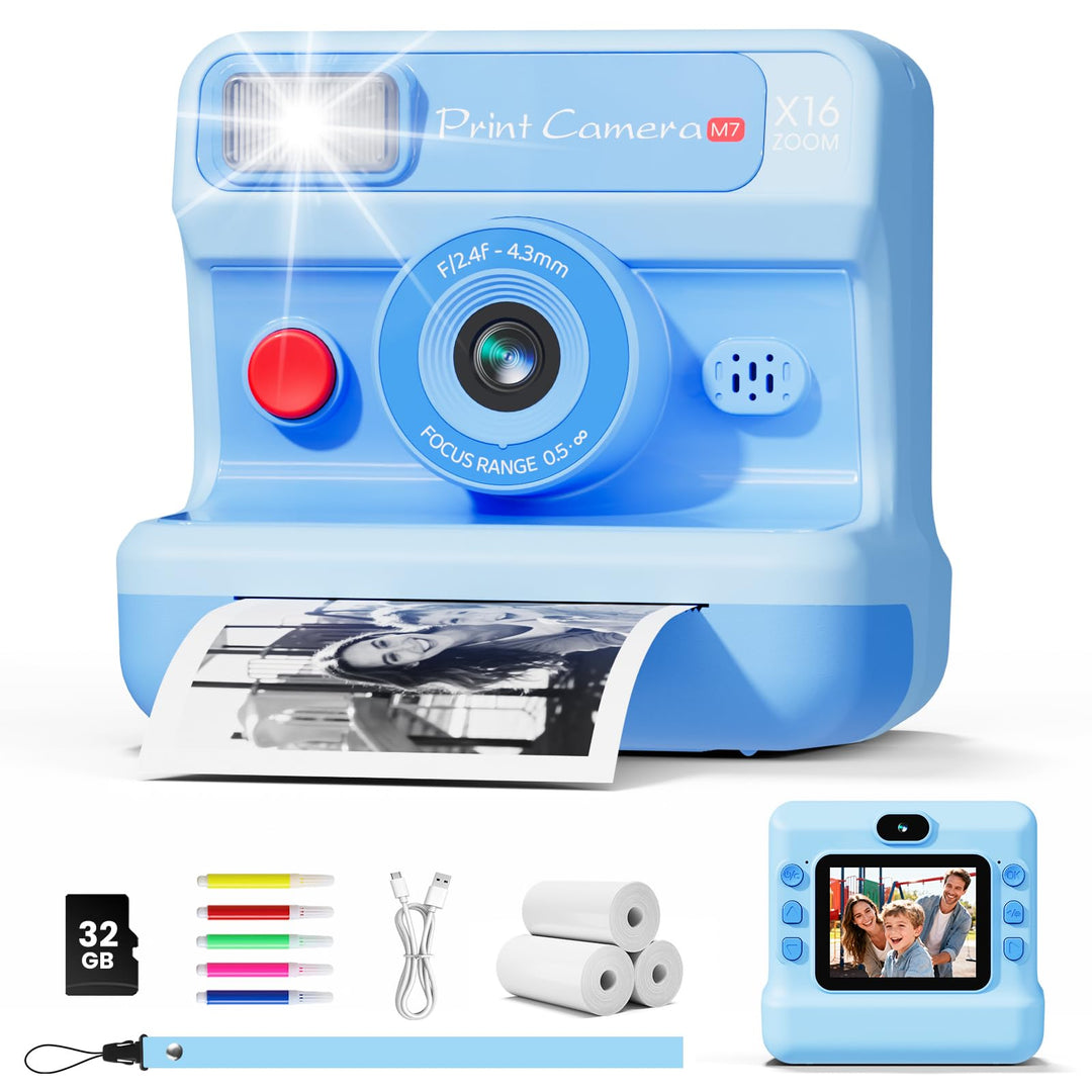 CalineGam Kinderkamera Sofortbildkamera, 1080P HD Sofortbildkamera Kinder mit 32 GB Karte und 3 Papi