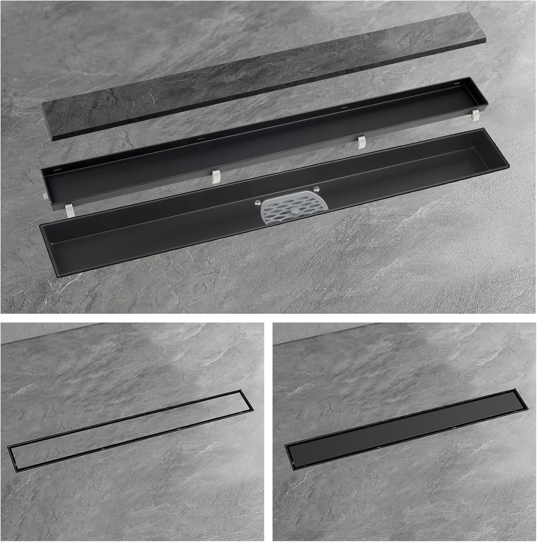 Duschrinne schwarz 30cm Edelstahl Bodenablauf 2-in-1 doppelseitig, Flieseneinsatz Ablaufrinne,schnel
