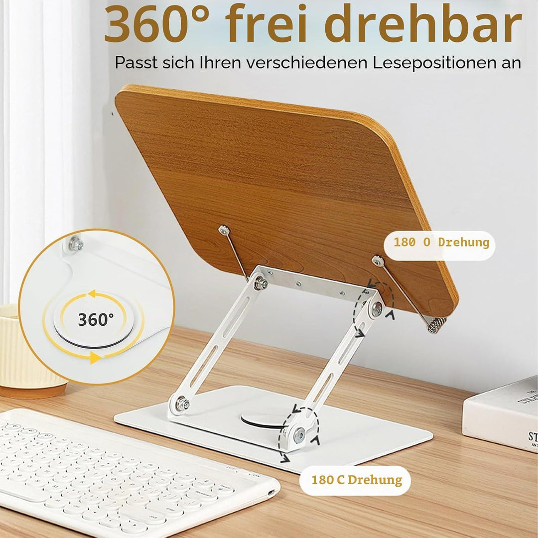 Buchständer Holz - 360° Drehung Höhenverstellbarer Buchhalter Leseständer mit Massivem Aluminiumlegi