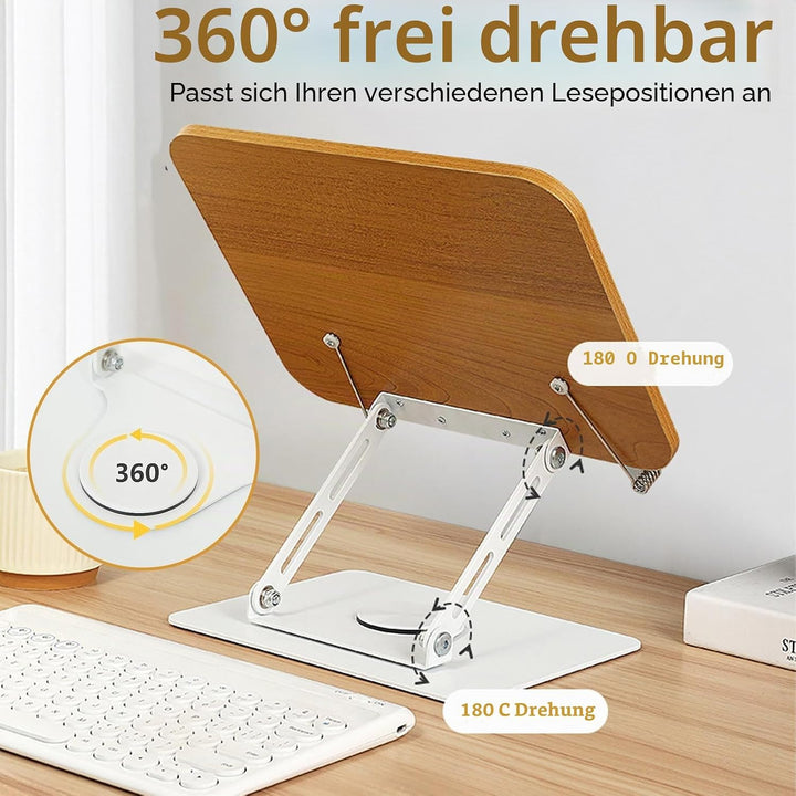 Buchständer Holz - 360° Drehung Höhenverstellbarer Buchhalter Leseständer mit Massivem Aluminiumlegi