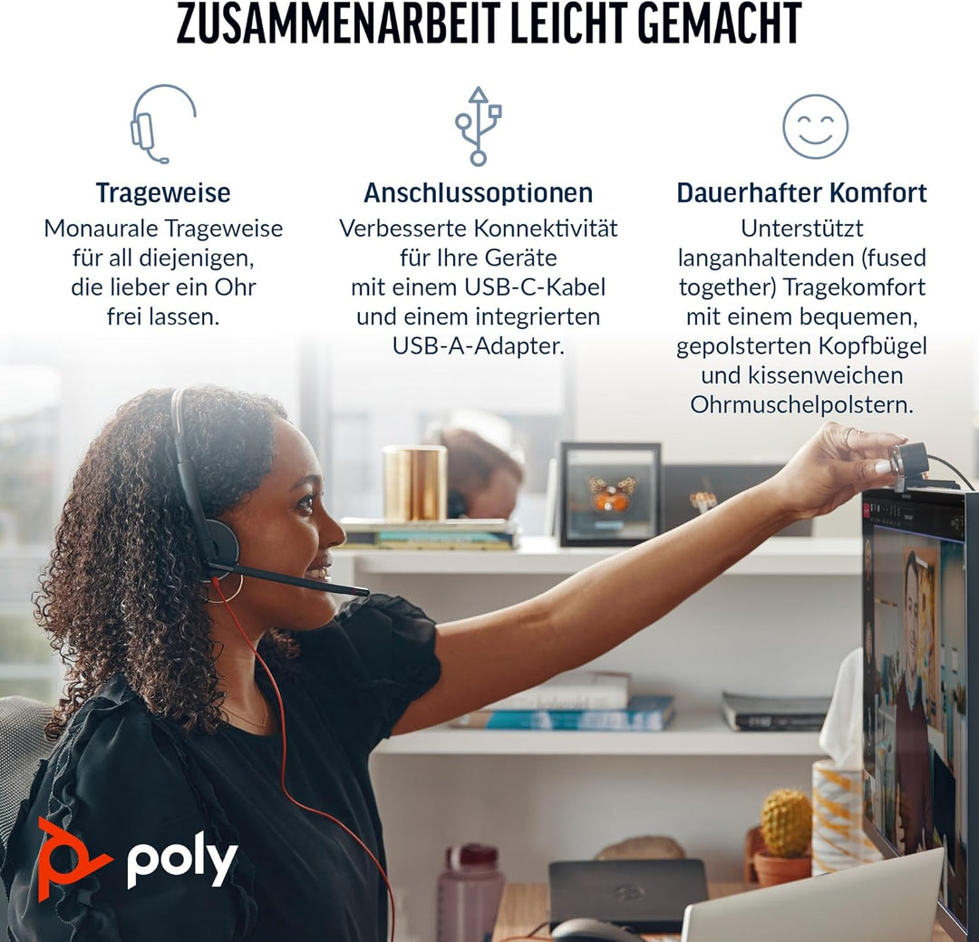 Schnurgebundenes USB-C-Headset Poly Blackwire 3310 – Flexibler Mikrofonarm – Monaurales Design – Ver
