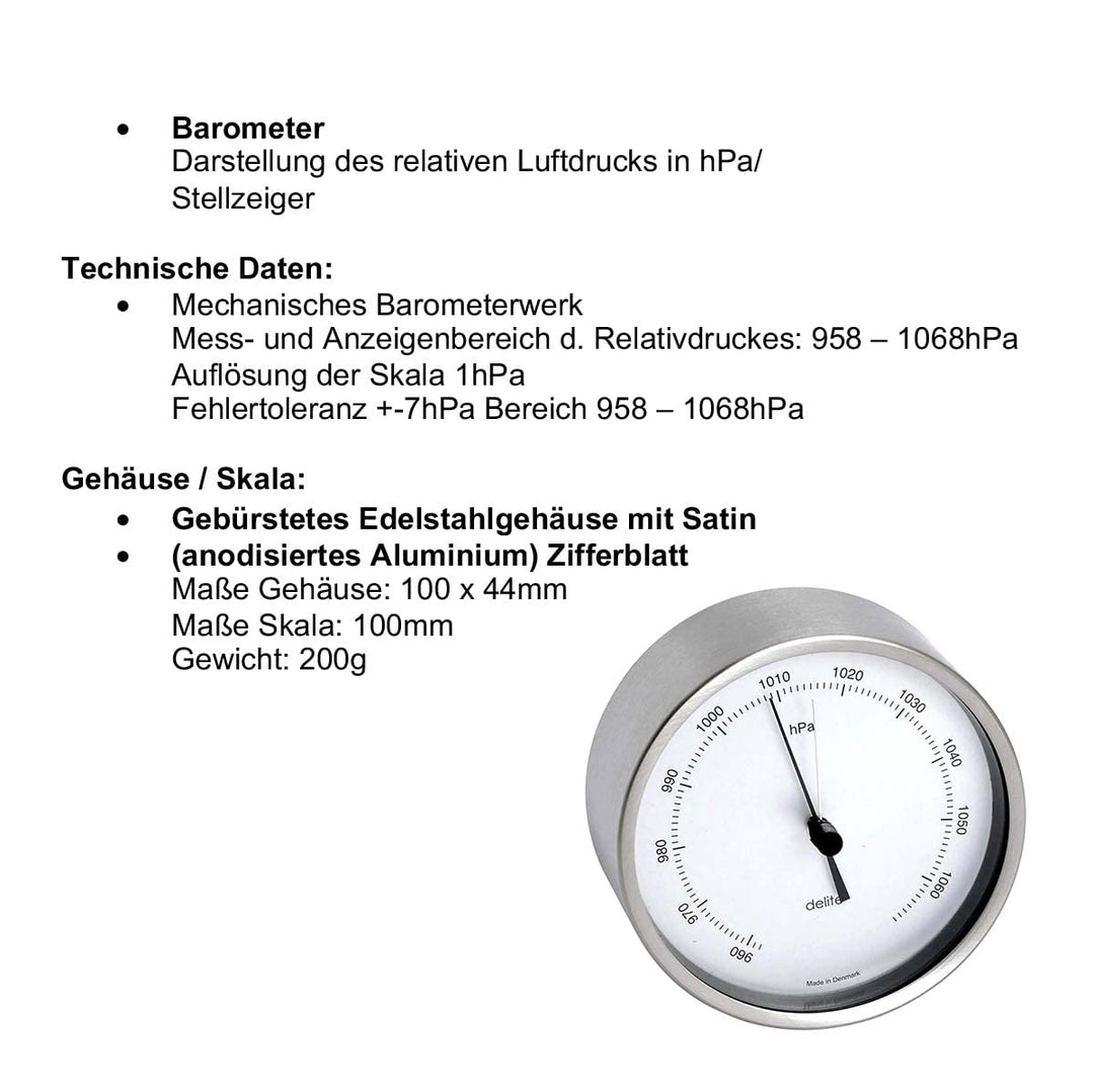 Delite Clausen 605500 Edelstahl gebürstet Barometer Zifferblatt satiniert B x H 100 mm x 44 mm