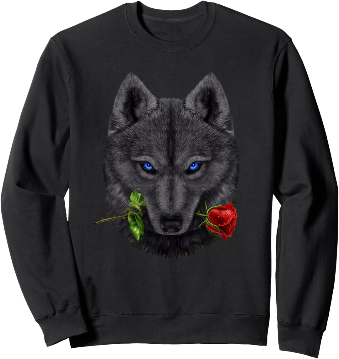 Romantische schwarzer Wolf, die auf einer Rosenblume beisst Sweatshirt