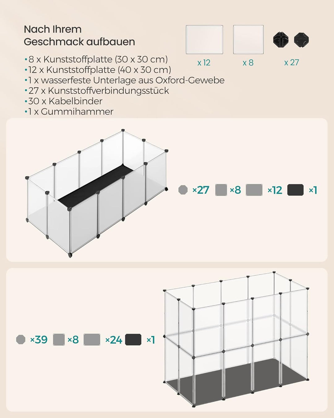 SONGMICS Kleintiergehege mit Bodenplatten, Laufstall mit Abnehmbarer und wasserfester Unterlage, Geh