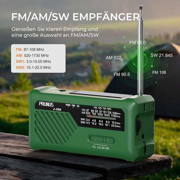 PRUNUS J-366 FM/AM/SW Kurbelradio Notfall Weltempfänger, Radio Batteriebetrieben oder 2000mAh Akku,
