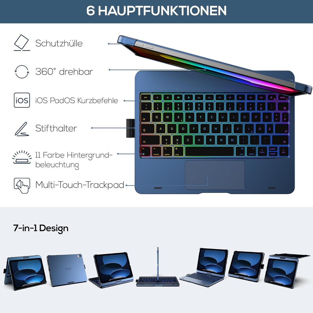 typecase Hülle mit Tastatur für iPad 11 Generation 2025 A16 11 Zoll, 10 Generation 10,9 Zoll,360°dre