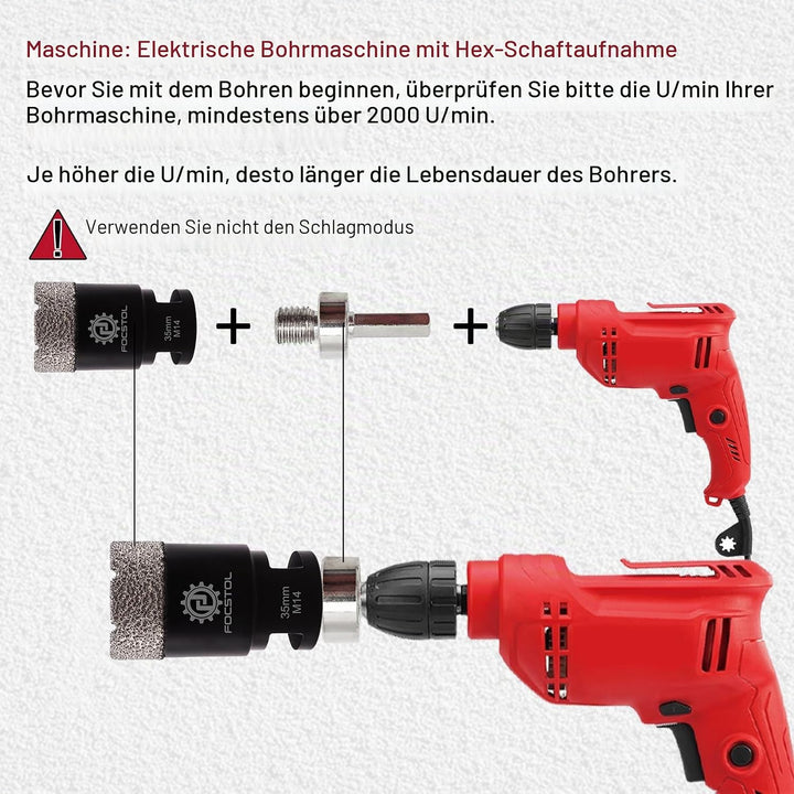 FOCSTOL Adapter für Diamant Fliesenbohrer - 2 Stück M14 Gewinde auf 10mm Sechskantschaft Adapter für