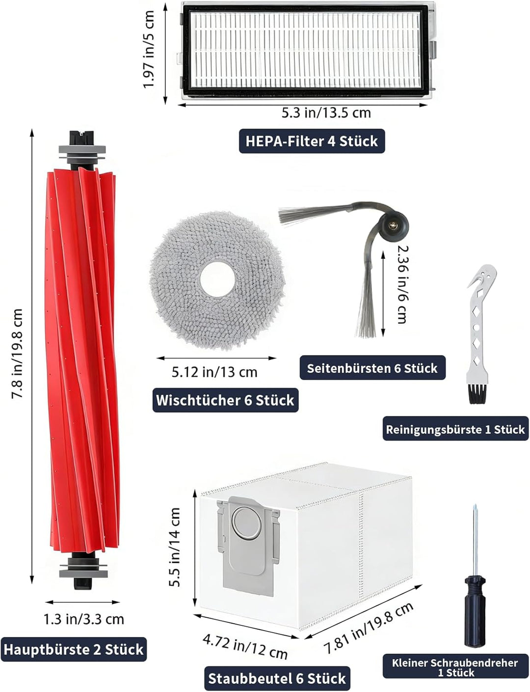 26 Stück Zubehör set für Roborock QV 35A / QV 35S，mit 2 Hauptbürsten, 6 Feuchttücher, 4 HEPA-Filter,