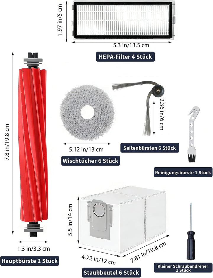 26 Stück Zubehör set für Roborock QV 35A / QV 35S，mit 2 Hauptbürsten, 6 Feuchttücher, 4 HEPA-Filter,
