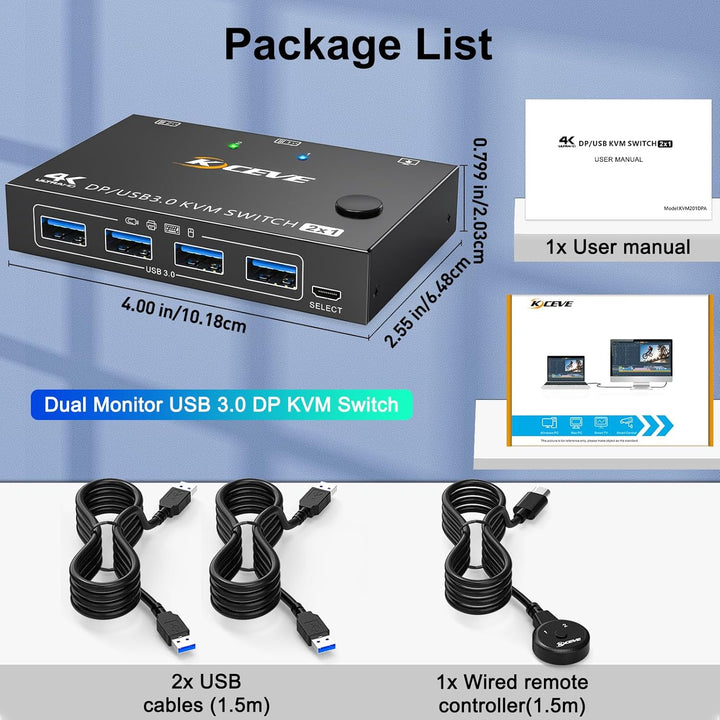 8K USB 3.0 KVM Switch Displayport 2 Ports 8K@30Hz 4K@120Hz,KVM Switch 2 PC 1 Monitore Support DP1.4
