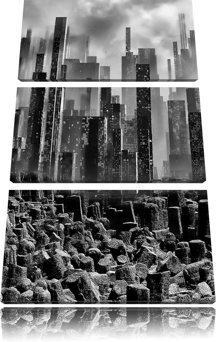 Pixxprint Stadt in Trümmern / 3-Teilig/Gesamtmass 120cm Leinwandbild bespannt auf Holzrahmen/Wandbil