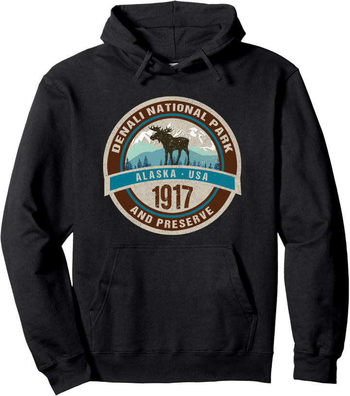 Denali National Park Alaska Hiking Moose Distressed Souvenir Pullover Hoodie