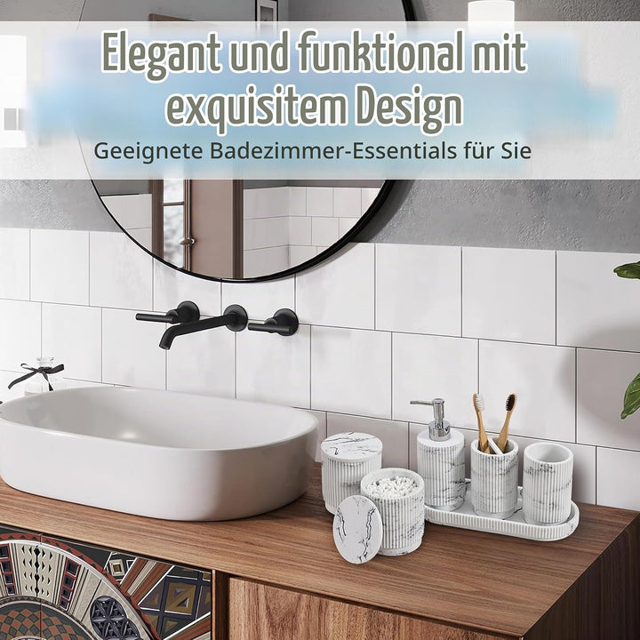Badezimmer Set 6-TLG | Seifenspender + Zahnputzbecher mit Tablett &amp; Wattestäbchenbox | Design Streif