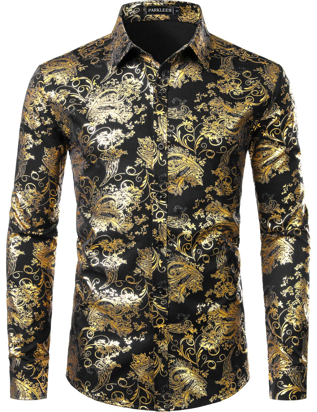 PARKLEES Herren Luxus Paisley Gemustert Golden Glänzend Slim Fit Freizeithemd XL Schwarz Golden, XL