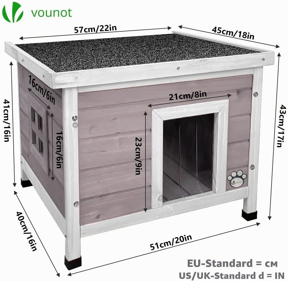 VOUNOT® Katzenhaus aus Holz, Katzen Haus mit Asphaltdach, Katzenhütte für Draussen Outdoor 57 x 45 x