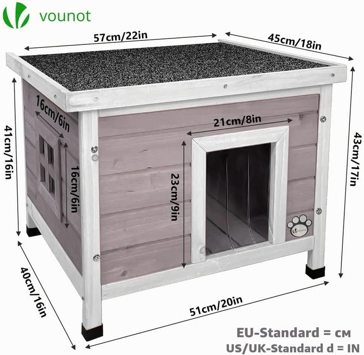 VOUNOT® Katzenhaus aus Holz, Katzen Haus mit Asphaltdach, Katzenhütte für Draussen Outdoor 57 x 45 x