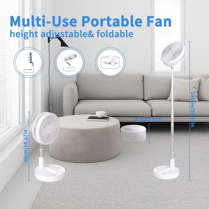 Tragbarer Faltbarer Standventilator Tischventilator, 7200mAh Akku USB Mini Leise Ventilator, 9-100cm